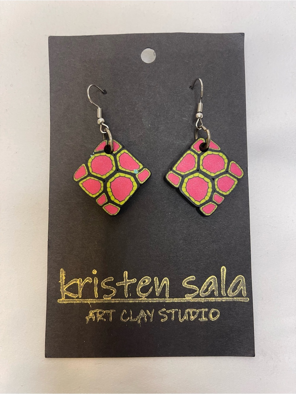Kristen Sala Pink and Green Geometric Drop Earrings